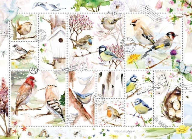 Jigsaw puzzle with stamps design and watercolor birds 1000 pieces