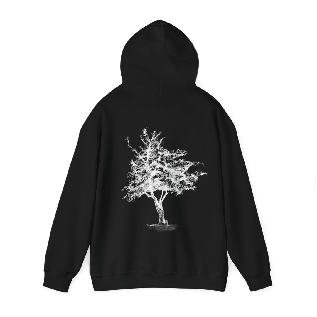 Black art hoodie with tree print by Michelle Dujardin