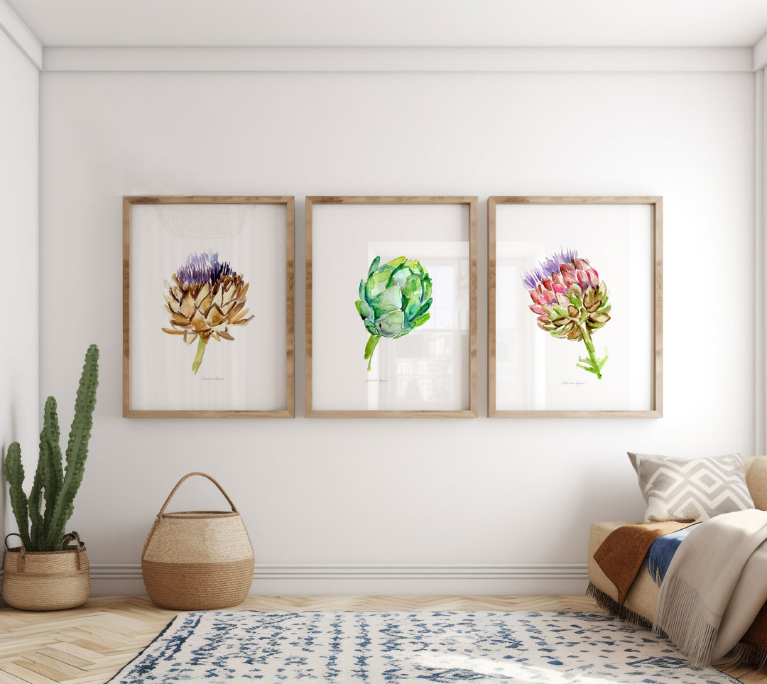 3 artichoke flower watercolor paintings by Michelle Dujardin