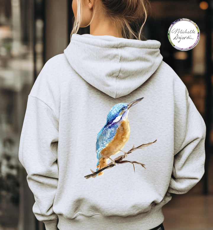 Ash grey hoodie with blue king fisher bird by Michelle Dujardin
