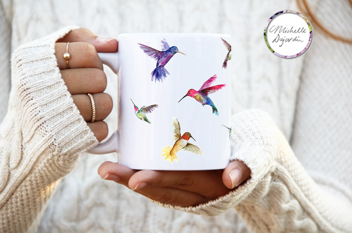 Hummingbirds mug with watercolor illustrations by Michelle Dujardin