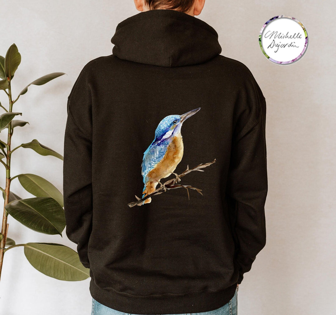 Kingfisher watercolor print on black hoodie
