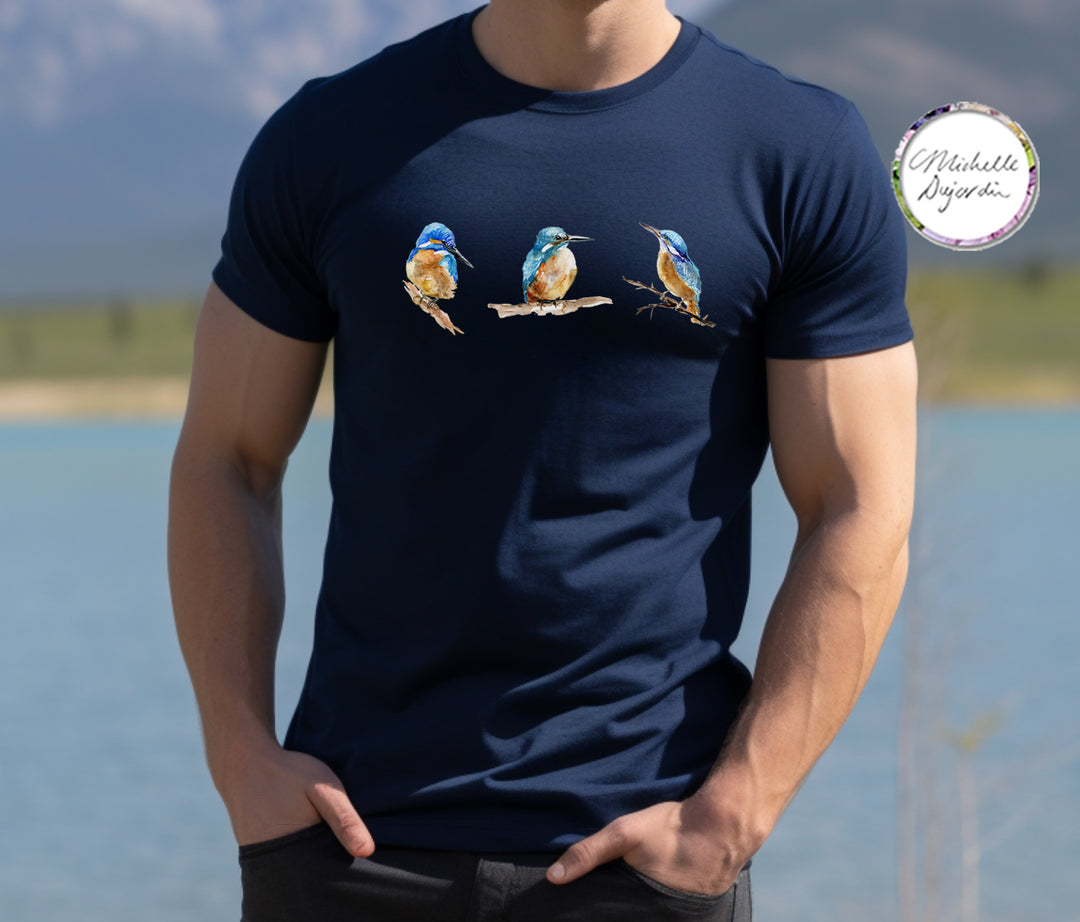 Navy blue t-shirt with kingfisher watercolor illustrations by Michelle Dujardin