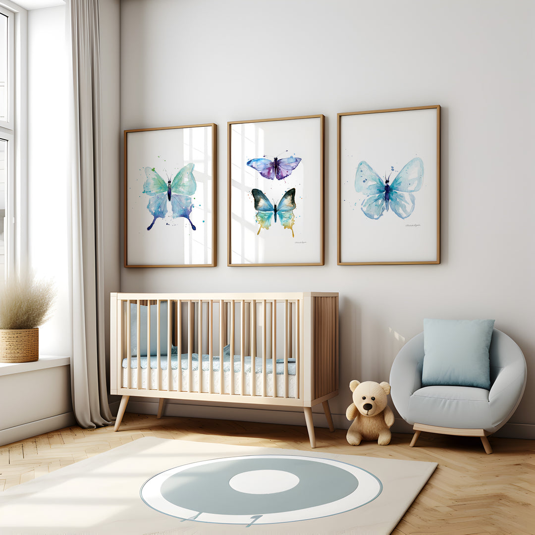 Set of 3 minimalist butterfly watercolor paintings by Michelle Dujardin