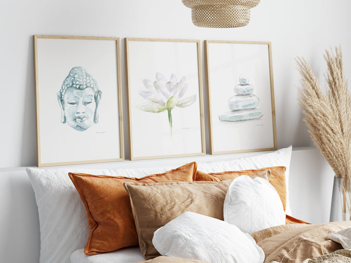 Bedroom interior with spiritual art prints by Michelle Dujardin