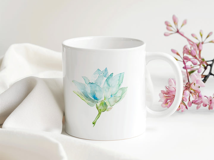Watercolor flower mug with Zen lotus illustration