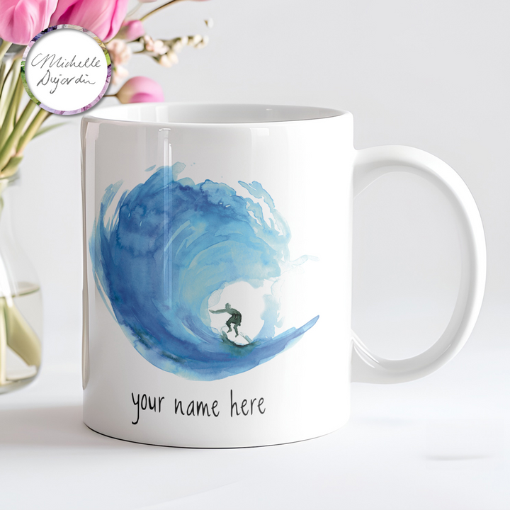 Ceramic surf mug with name personalization by Michelle Dujardin