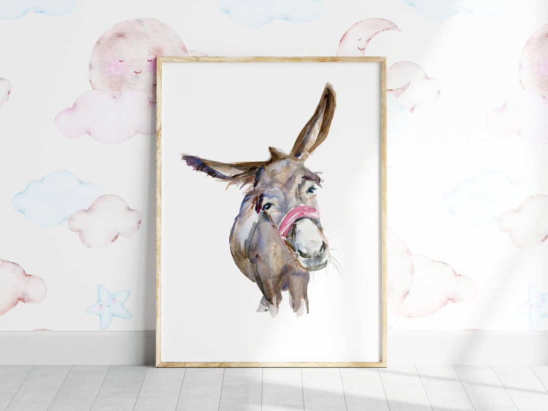 Nursery wall art of a donkey watercolor painting by Michelle Dujardin