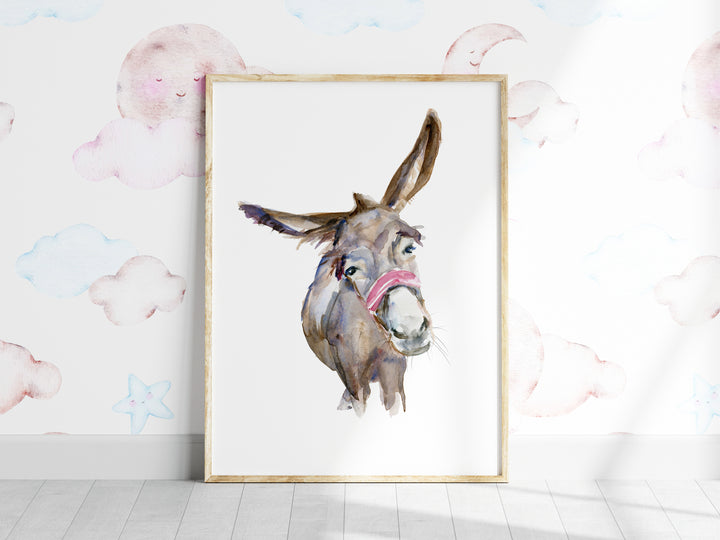 Nursery wall art of a donkey watercolor painting by Michelle Dujardin