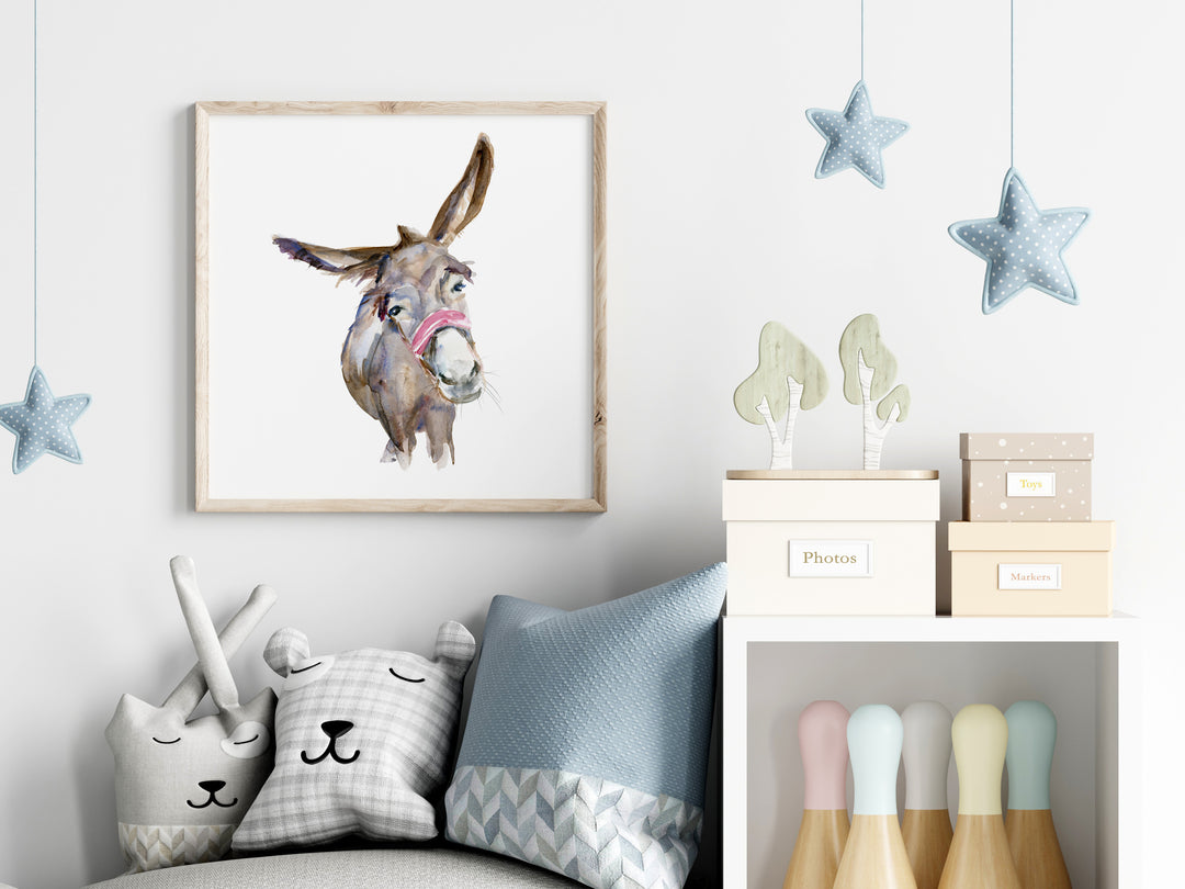 Square print of a funny donkey watercolor painting by Michelle Dujardin