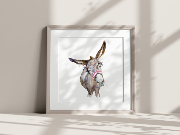 Aquarel schilderij van een grappige ezel door Michelle Dujardin