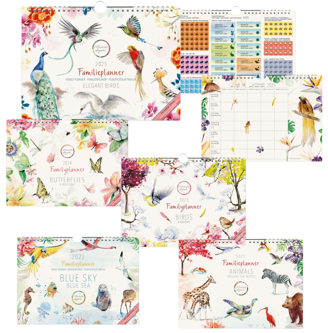 An overview with all publishes family planners by Michelle Dujardin, year 2021-2025