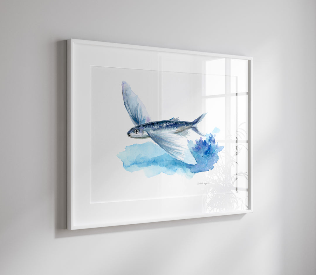 Flying fish watercolor painting hanging on the wall