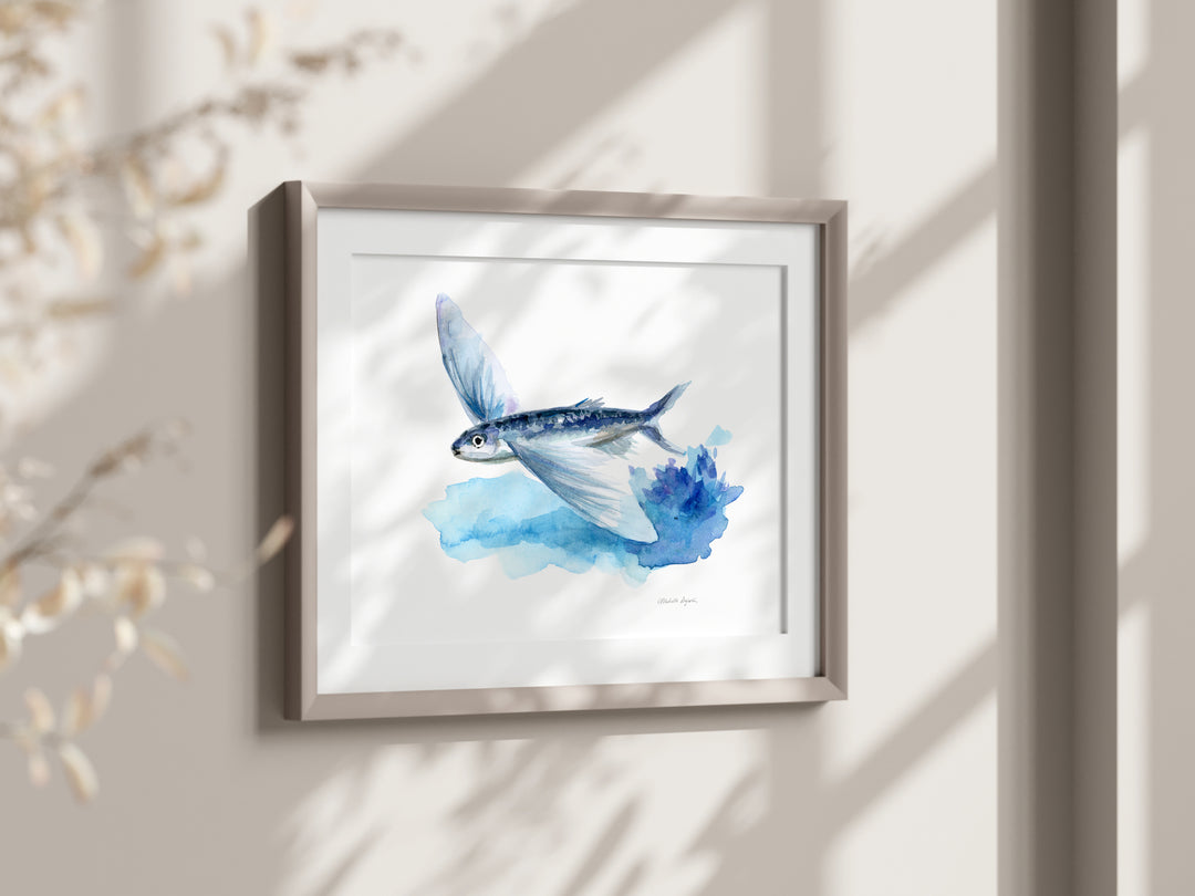 Watercolor painting of a flying fish by Michelle Dujardin