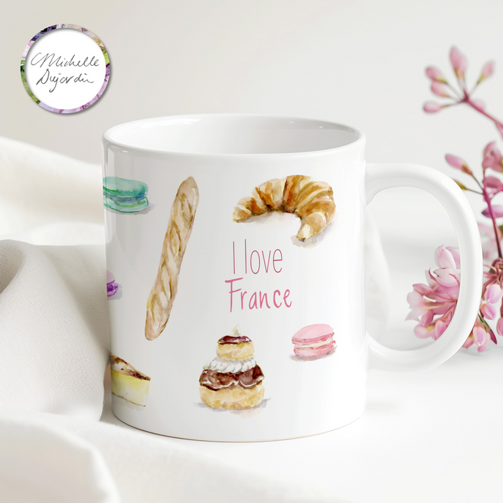 Baguette and croissants on a French bakery mug by Michelle Dujardin