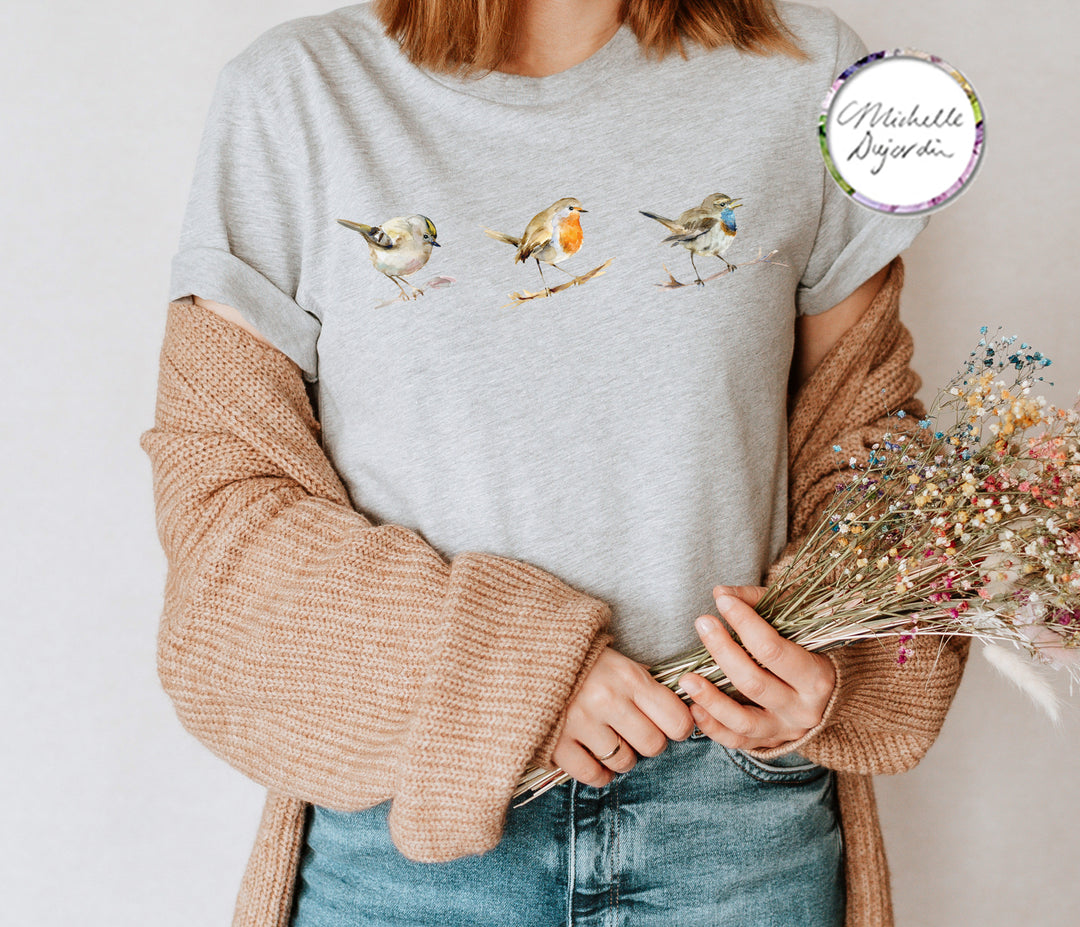 Popular garden birds on grey t-shirt by Michelle Dujardin