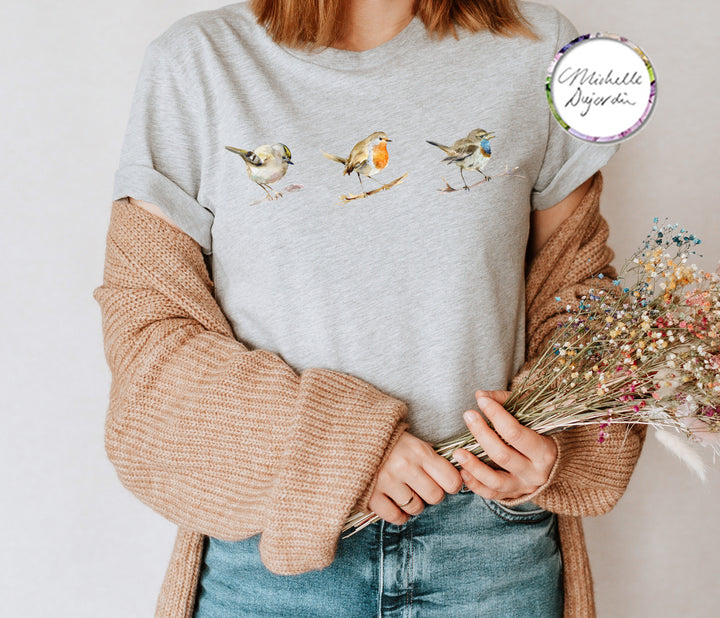Popular garden birds on grey t-shirt by Michelle Dujardin