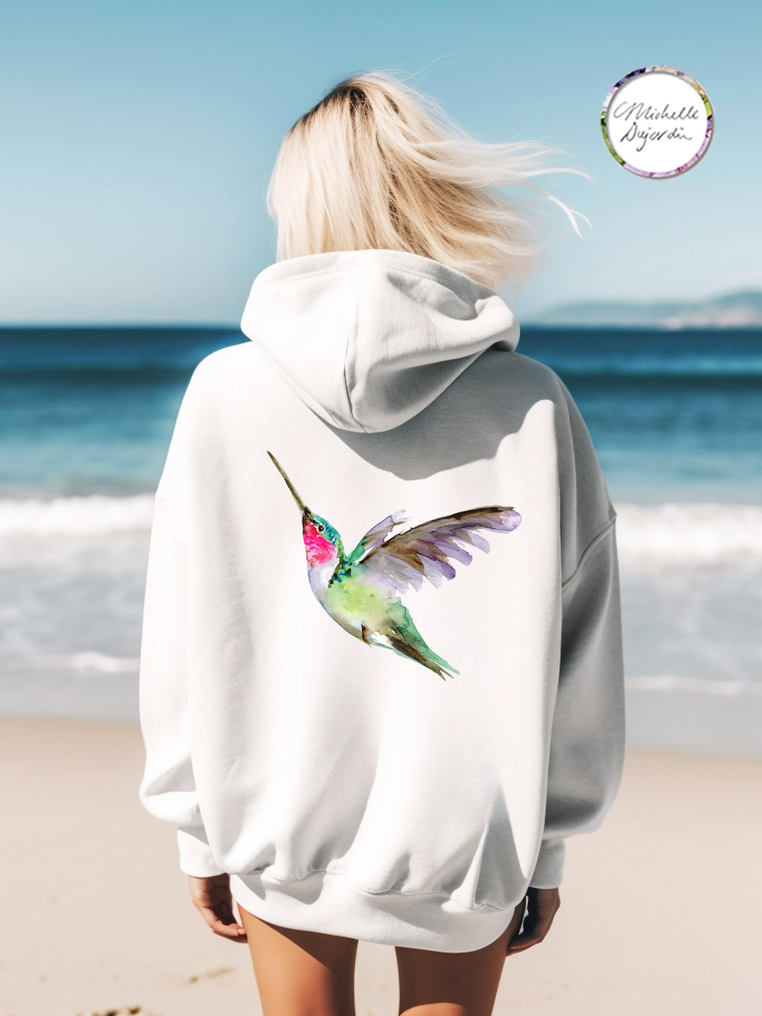 White hoodie with green pink hummingbird watercolor print by Michelle Dujardin