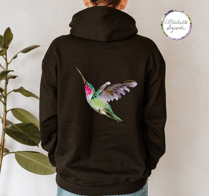 black hoodie with anna's hummingbird illustration by Michelle Dujardin
