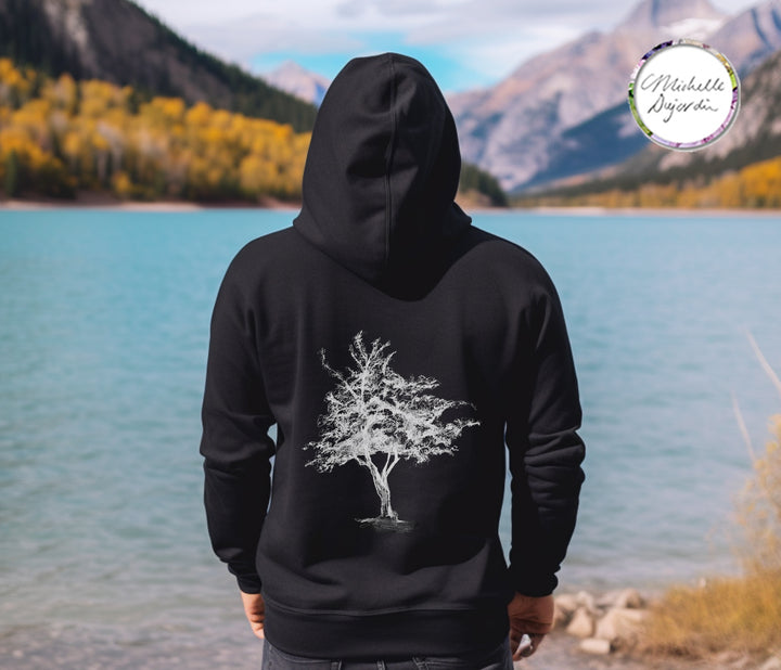 Black hoodie with white tree drawing print by Michelle Dujardin