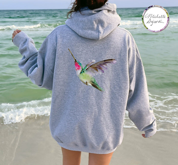 Summer beach hoodie with tropical hummingbird art by Michelle Dujardin
