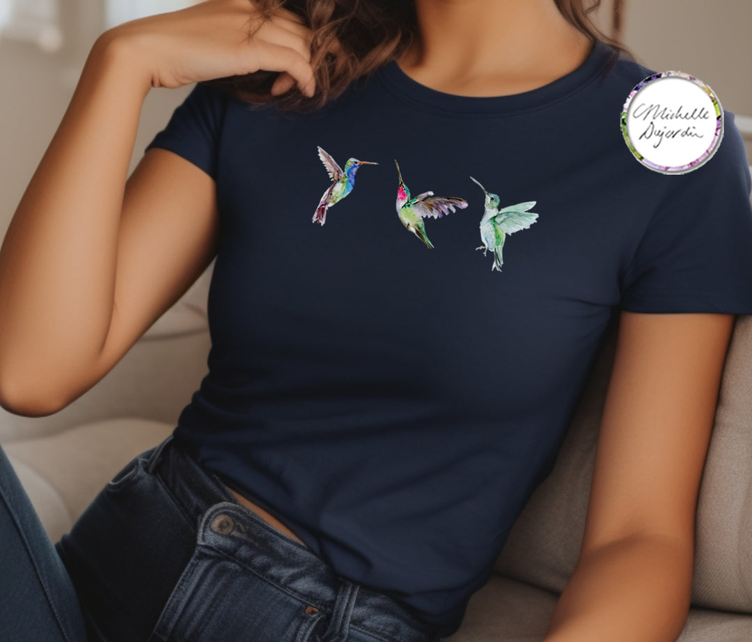 Hummingbird illustations on graphic tee by Michelle Dujardin