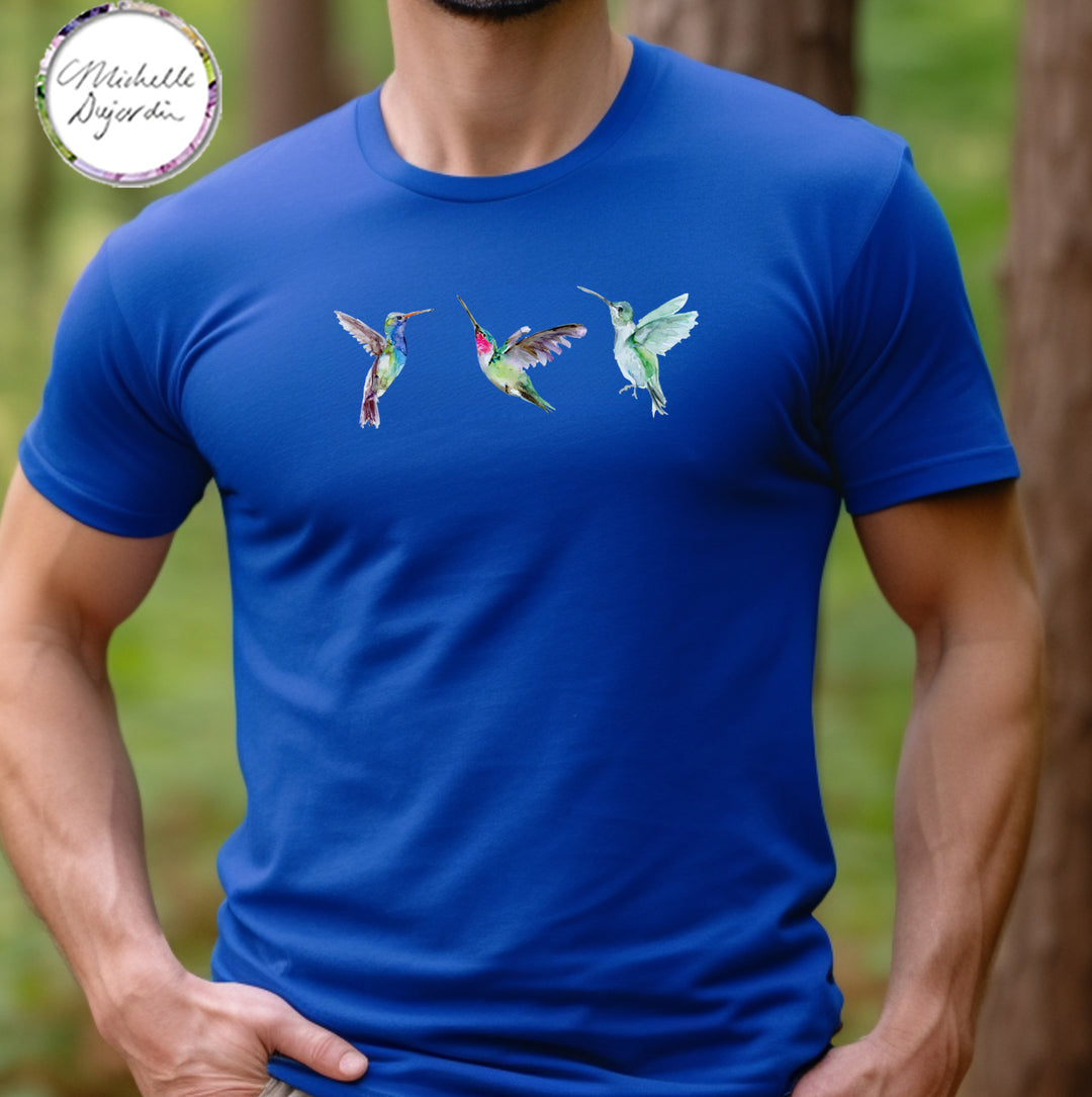 Bright blue t-shirt with hummingbird watercolor print by Michelle Dujardin