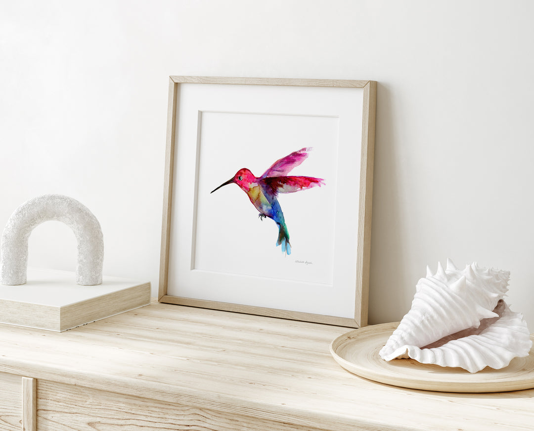 Print of a Pink blue green hummingbird watercolor painting