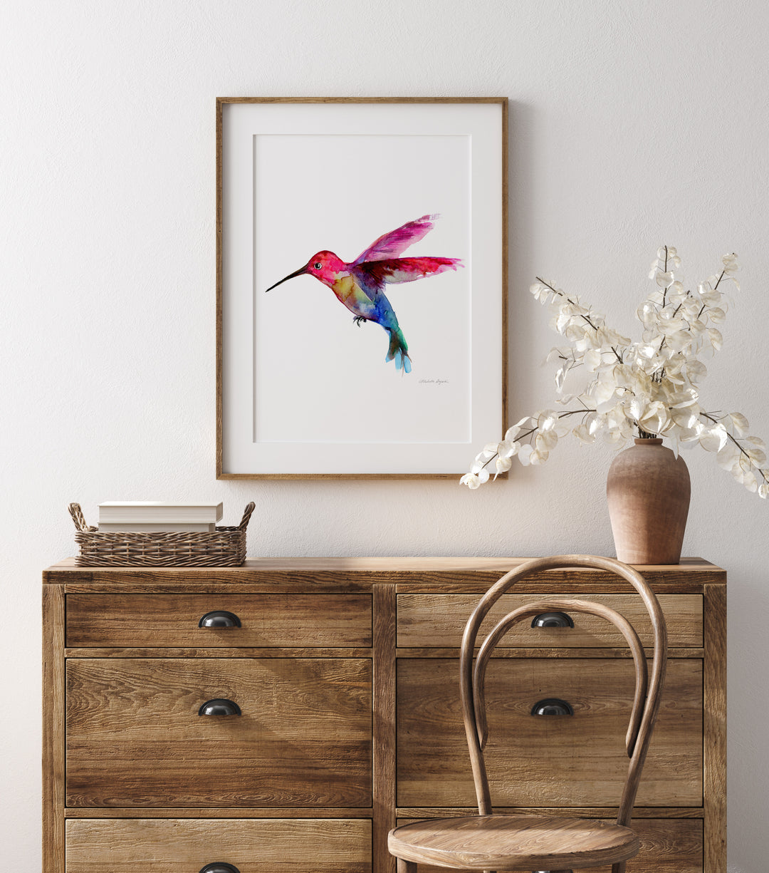 Blue pink hummingbird wall art print by Michelle Dujardin