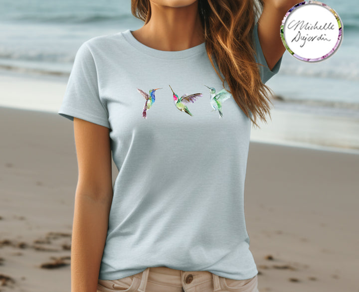 Hummingbird watercolor t-shirt in ice blue color by Michelle Dujardin