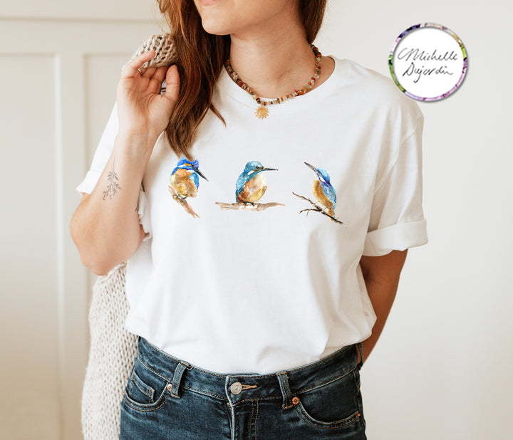Wit t-shirt met ijsvogel illustraties van Michelle Dujardin
