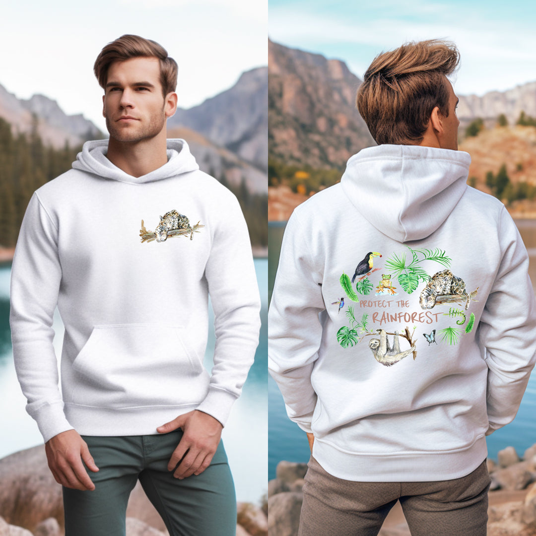 Wite hoodie with Costa Rica wildlife and text protect the rainforest
