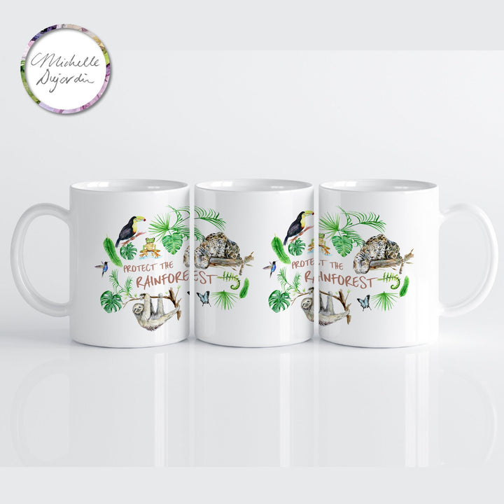 Mok met toekan, luiaard, kolibrie, jaguar, kikker en vlinder door Michelle Dujardin