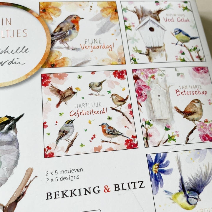 Wenskaarten met tuinvogels geschilderd door Michelle Dujardin