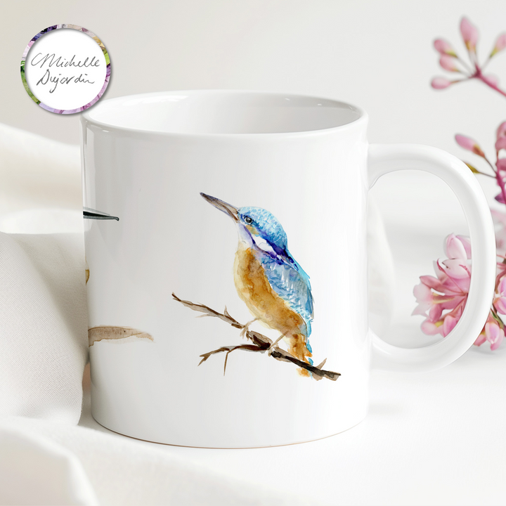 Coffee mug with kingfisher watercolors by Michelle Dujardin