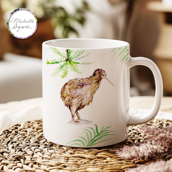 Mok met vogel illustraties van kiwi's geschilderd door Michelle Dujardin