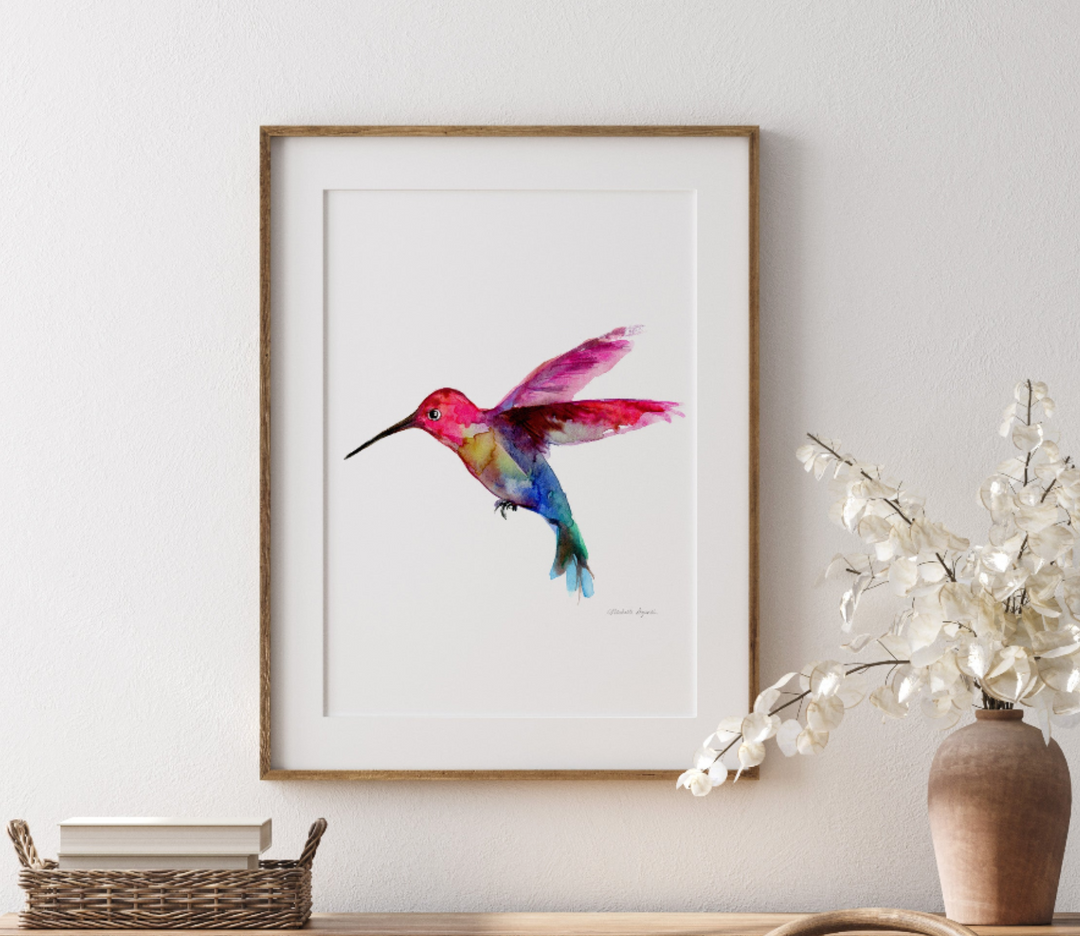 Aquarel Schilderij van een kolibrie in felle kleuren van Michelle Dujardin