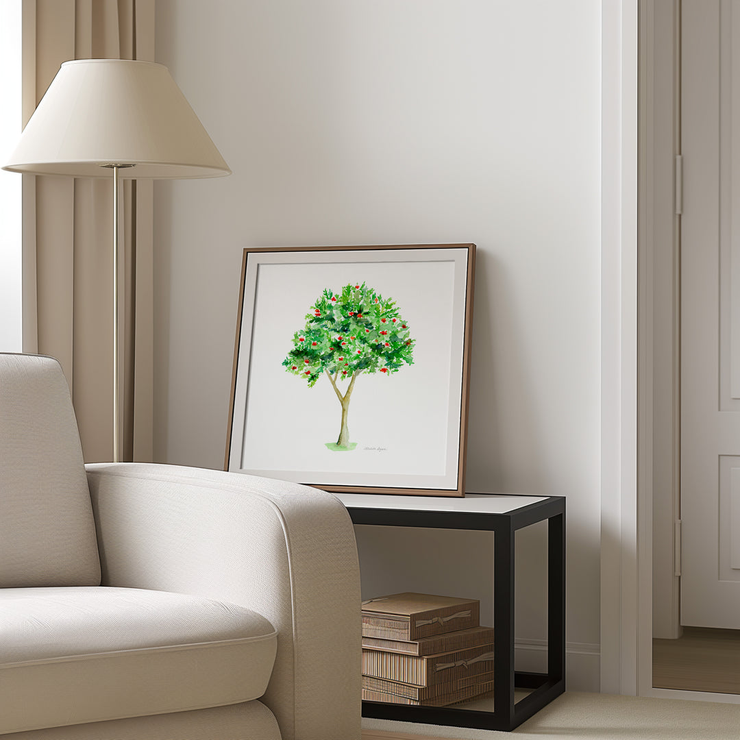 Lijsterbesboom aquarelprint met rode bessen, botanische boom wanddecoratie voor natuurinterieur