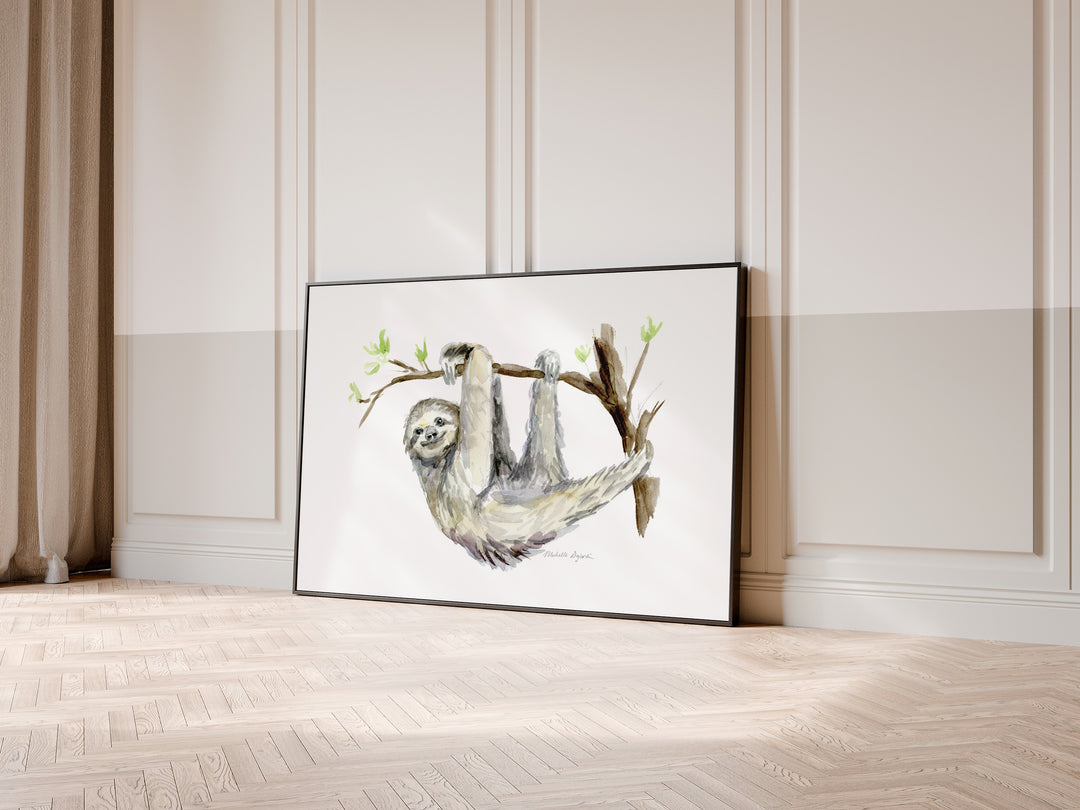 Luiaard aquarelprint hangend aan een tak, jungle dieren wanddecoratie door Michelle Dujardin