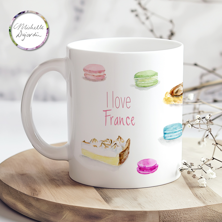 Colorful macarons and French pastry mug by Michelle Dujardin