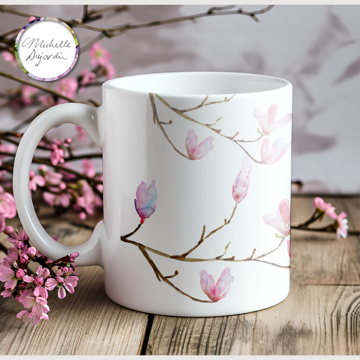Zen mug with magnolia flowers by Michelle Dujardin