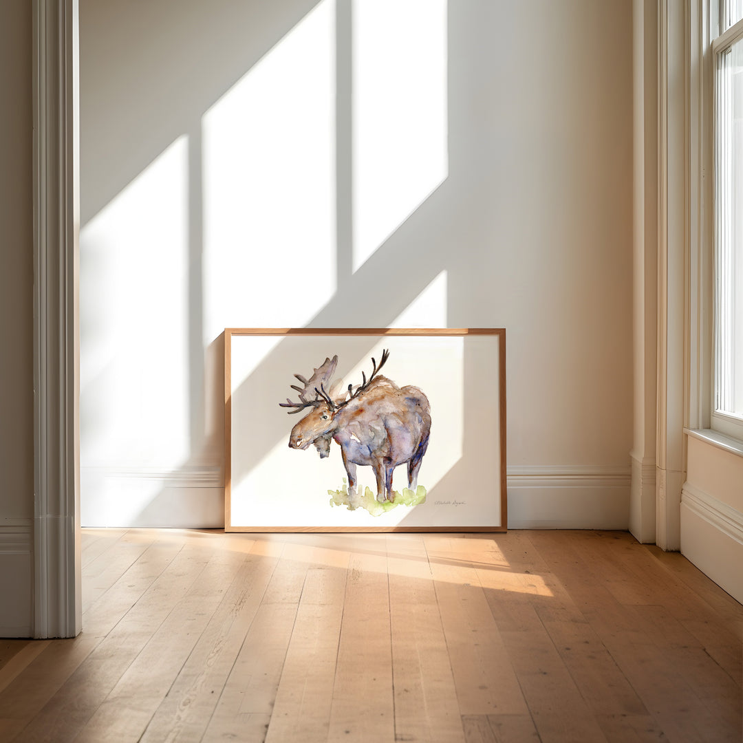 Moose watercolor painting in minimalistic interior