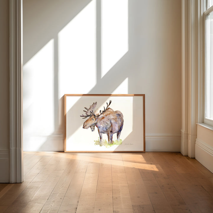 Moose watercolor painting in minimalistic interior
