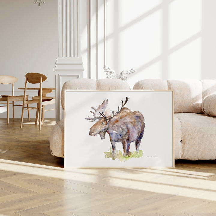 Moose watercolor painting in large frame, painted by Michelle Dujardin