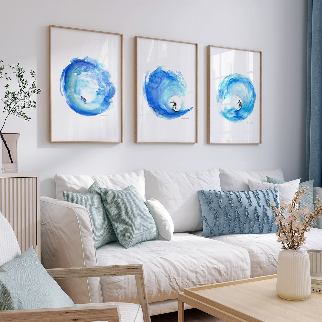 Blauwe golven met surfers kunst van Michelle Dujardin