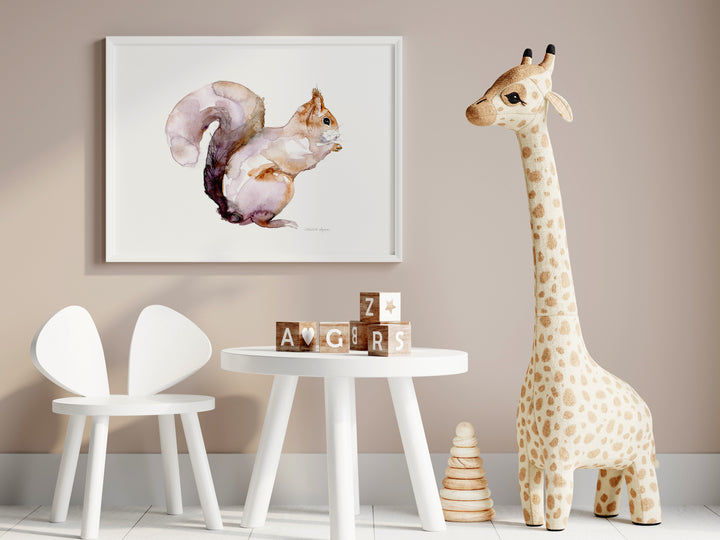 Squirrel wall art print in pink, brown purple tones by Michelle Dujardin