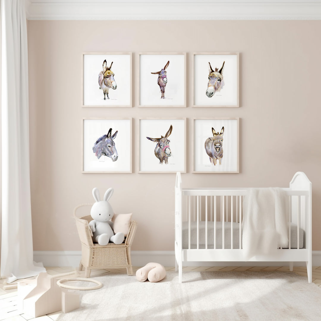 Natural Nursery with 6 donkey atercolor prints by Michelle Dujardin
