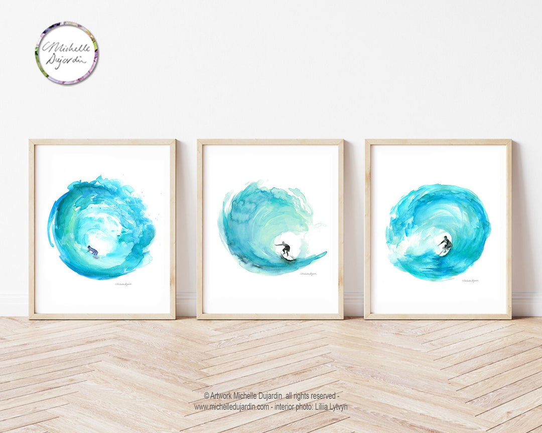 Teal Beach home decor prints of surfers in waves by Michelle Dujardin