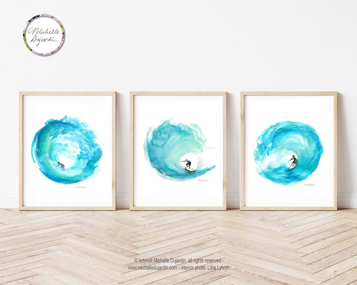 Teal Beach home decor prints of surfers in waves by Michelle Dujardin
