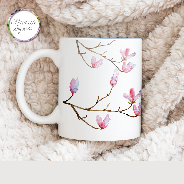 Mug with Zen paintings of pink magnolias by Michelle Dujardin